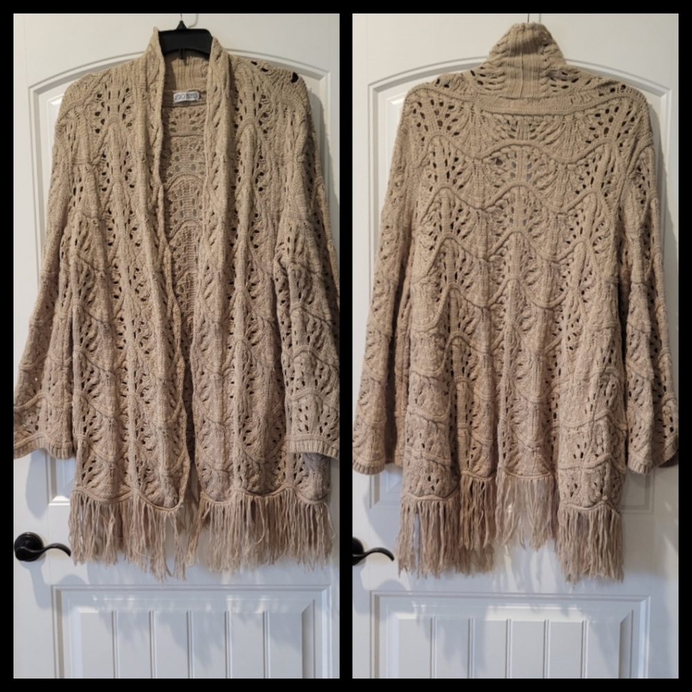 Open Knit Fringe Cardigan Shrug - Beige